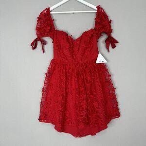 Love Triangle Dress Womens 16 Red Lace Mini Floral Puff Sleeve Coquette Romantic